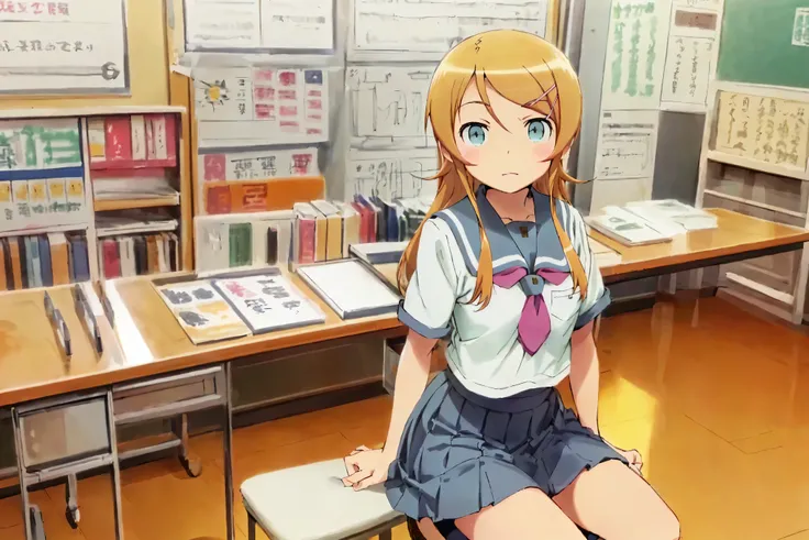 Kirino Takasaka,aakirino , long hair, hairclip, school uniform, grey sailor collar, purple neckerchief, white shirt, short sleeves, pleated skirt, grey skirt