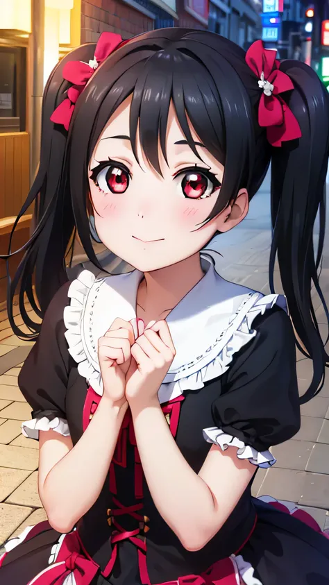 ((Highest quality、high resolution、Highly Detailed CG Unity 8K Wallpaper))

 Portrait of a Woman  ,20 years,nico yazawa、closed her mouth、 upper body, idol costume where you can see yourself ,tokyo street,cinematic lighting、smile,red eyes、 beautiful neat hai...