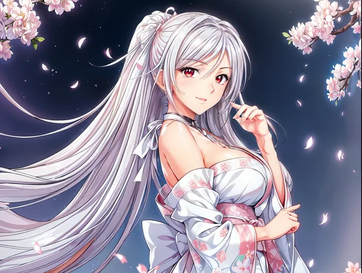 (masterpiece, best quality, beautiful and aesthetic:1.3), look back, side view, 1woman, ((very mature woman)),(30 years old, thirties), solo, light smile,  (Silver  hair streaked white:1.4), (Gradient silver hair ends:1.6), hair strand, absurdly long hair,...