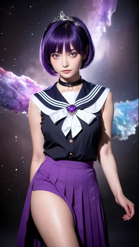 ( masterpiece, Highest quality:1.4), (  nebula background ), (  full body shot ), (sexy pose:1.5), one girl,  alone, ( European Youth :1),   Sailor Saturn, tiara,  sailor warrior uniform, purple sailor color, pleated skirt,  elbow pocket ,   jewelry,  Blog...