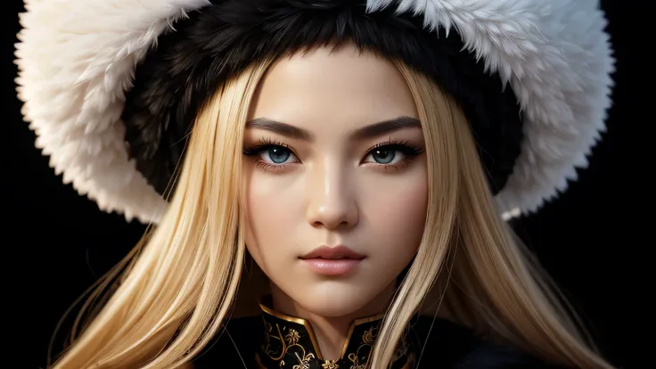 black background、a beautiful empress portrait, blonde hair, Perfect black eyes, Brilliantly, Impossible impressive big Christmas headpiece, clothes Santa robes, everything Christmas, snow, symmetry, Dramatic Studio Lighting, Rococo, baroque, vegetable, Asi...