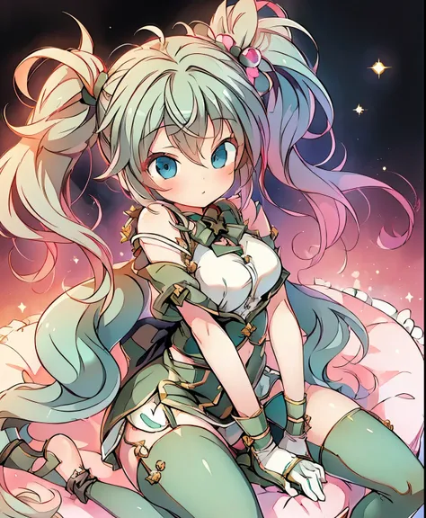 ( masterpiece、Highest quality、Highest quality、Official Art、 beautiful and beautiful :1.2)、(one girl:1.3) Hatsune Miku、twin tails,beautiful breasts, cute女の子,cute, scrunchie ,(:0.8),, ( tempts, Suggestive:0.9), , tube top,,  ( sitting up Legs from the front ...