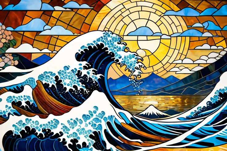 Japanese Ukiyo-e GREAT WAVE, Louis Comfort Tiffany Style Mosaic, Shutterstock, Croissant, Stained Glass Art, Shining Great Wave, Golden Twilight Stained Glass, Maxime Verehin Stained Glass, Beautiful Wave, Shining Japanese Great Wave, Stained Glass Style, ...