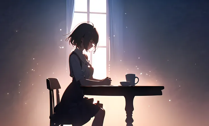 ( Highly Detailed CG Unity 8K Wallpaper ), (HIGHLY DETAILED CG UNITY 8K WALLPAPER), Woman with short bob sitting in a 、 a woman sitting alone is staring out of a large window 。sad expression、 the warm cafe light drifts 、 It makes you feel a sad atmosphere ...