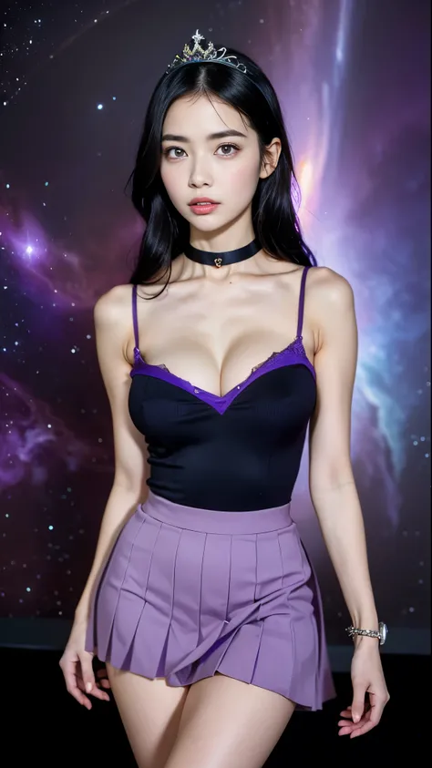 ( masterpiece, Highest quality:1.4), (  nebula background ), (  full body shot ), (sexy pose:1.5), one girl,  alone, ( European Youth :1),   Sailor Saturn, tiara,  sailor warrior uniform, purple sailor color, pleated skirt,  elbow pocket ,   jewelry,  Blog...