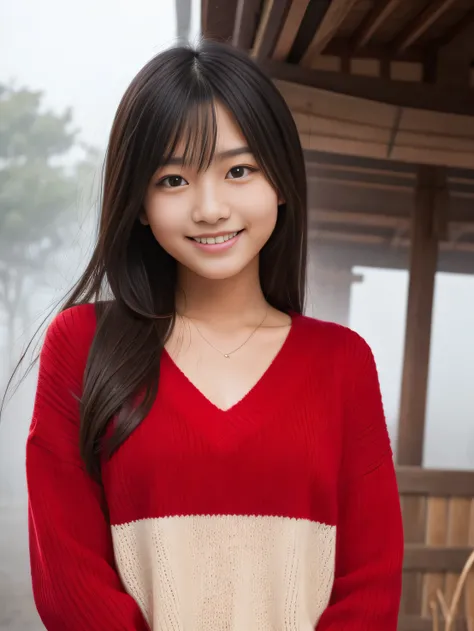 A pretty 16-year-old Japanese-Malaysian woman, a smile, a red V-neck sweater, a fantastic foggy winter morning,