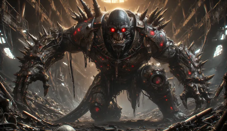 A large black cyborg orc with two mechanical arms. Huge iron gloves with sharp spikes. They are covered with red shining cracks. The orc is bald, with pointed ears. He's clad in dirty old absurd armor made of rusty scrap metal with red patterns. He stands ...