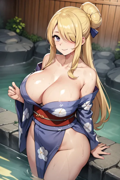 1girl, breasts, cynthia_(pokemon), blonde_hair, solo, hair_over_one_eye, japanese_clothes, grey_eyes, standing, high_angle_shot, looking_at_up, kimono, onsen, yukata, smile, looking_at_viewer, cleavage,thighs, sweat, huge_breasts, off_shoulder, bare_should...