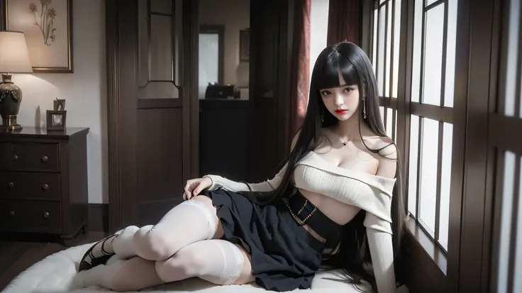 (Girl Sitting on Office Couch))、High technical level:1.1 Photo Real、natural light:1.5、Light Effects(virtual light effects:1.5、Natural Light Effects:1.5、Light Effects:1.5、Light Effects:1. 8)、(( straight bangs 、Princess Bang))、 princess cut、 straight bangs 、...