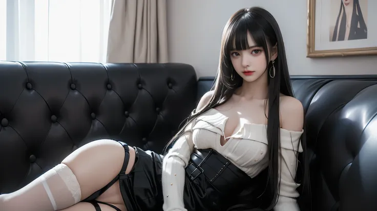 (Girl Sitting on Office Couch))、High technical level:1.1 Photo Real、natural light:1.5、Light Effects(virtual light effects:1.5、Natural Light Effects:1.5、Light Effects:1.5、Light Effects:1. 8)、(( straight bangs 、Princess Bang))、 princess cut、 straight bangs 、...