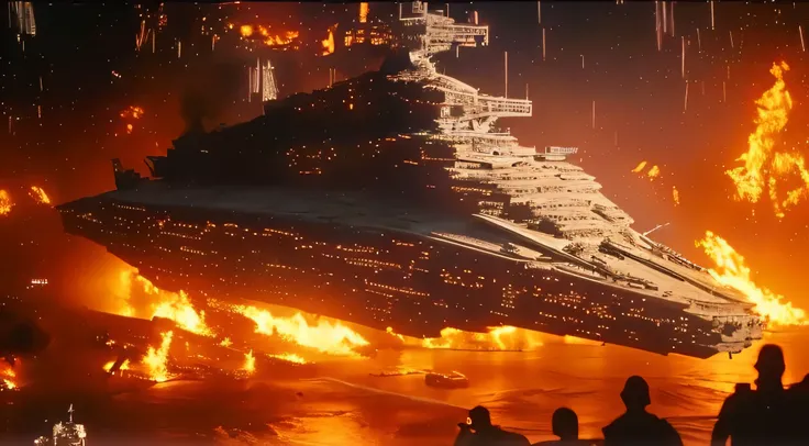 a close up of a large ship in a fire filled space, stardestroyer in the background, imperial star destroyer, star destroyers, ilm of an epic sci-fi, the fall of the galactic empire, star destroyer, interior of a star destroyer, movie screenshot from star w...