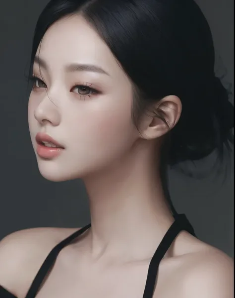 A close-up of a woman wearing a black top and a black dress, popular makeup from South Korea, popular Korean makeup , Beautiful aesthetic face, beautiful South Korean woman , Korean girl, beautiful young Korean girl, Blackpink Jennie, Korean facial feat...