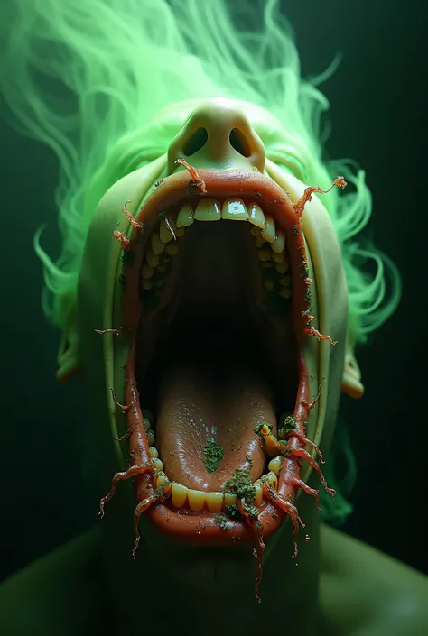 Image of a mouth full of bacteria and food. Green smoke represents a foul odor. Photos are in an impressive, exaggerated and creative style