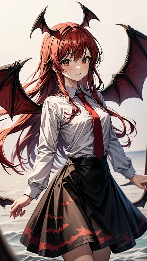 （super high quality,Ultra High Definition,16k,super masterpiece,Ultra HD , detailed shading and background,）one girl, long red hair with ocean print,bat feathers on the head, devil's wings on the back, white long sleeve shirt,red tie,smile,blush,The librar...