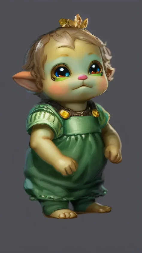 there is a small doll with a green dress and a brown hair, adorable digital painting, cute detailed digital art, detailed big eyes, highly detailed character, beeple and jeremiah ketner, rens art in artstation, cute little troll, cute detailed artwork, hig...