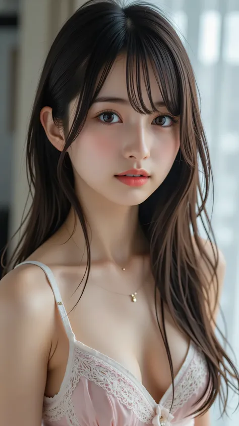  High resolution images of young Japanese women , ( realistic , photo- realistic ), ( masterpiece,  great quality),   complicated details ,  very well detailed,  alone,  1 girl,  1girl , breasts, Alone, brown hair, see-through, realistic, brown eyes, looki...