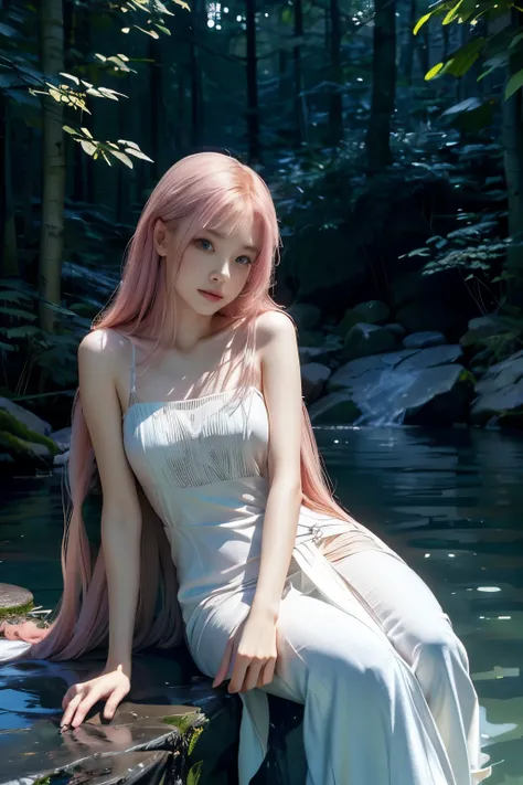 Rose from blackpink, pink hair, (full body), wearing medieval long cotton nightie clothes, sitting on a rock, feet in the water, Drenched hair, The background is a forest, sunset, (masterpiece, best quality, award winning, highres), skinny, intricate and b...