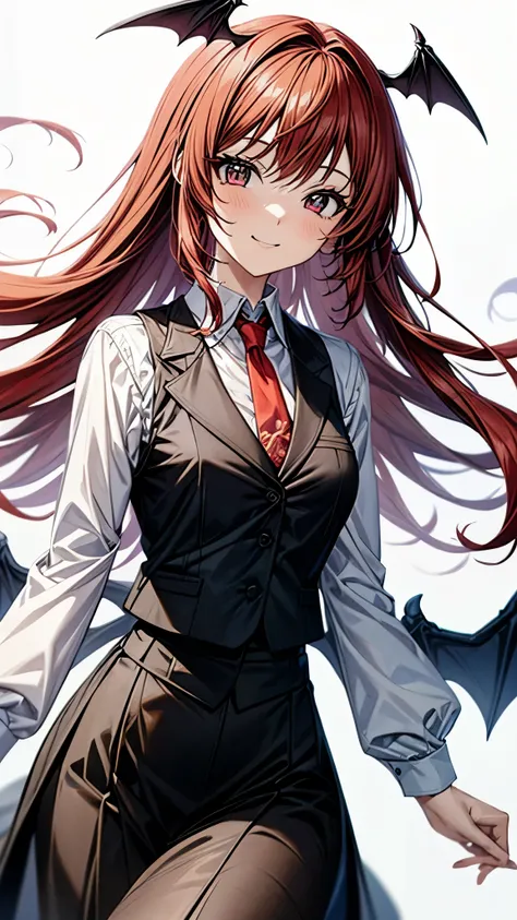 (super high quality,Ultra High Definition,16k,super masterpiece,Ultra HD , detailed shading and background,)one girl, long red hair with ocean print,bat feathers on the head, devil's wings on the back, white long sleeve shirt,Black vest,red tie,black skirt...