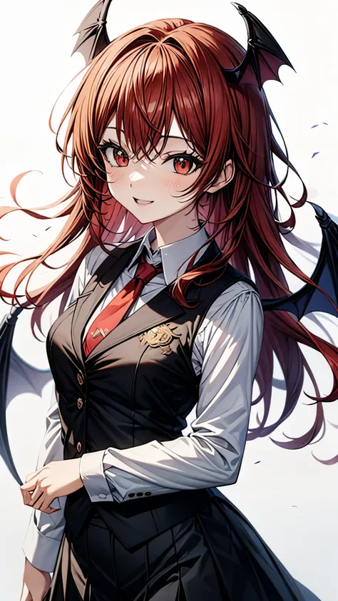(super high quality,Ultra High Definition,16k,super masterpiece,Ultra HD , detailed shading and background,)one girl, long red hair with ocean print,bat feathers on the head, devil's wings on the back, white long sleeve shirt,Black vest,red tie,black skirt...