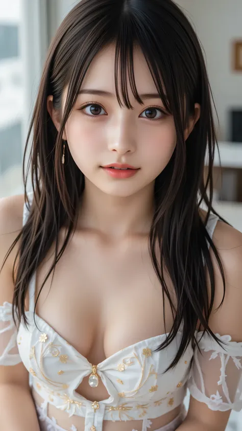  High resolution images of young Japanese women , ( realistic , photo- realistic ), ( masterpiece,  great quality),   complicated details ,  very well detailed,  alone,  1 girl,  1girl , breasts, Alone, brown hair, see-through, realistic, brown eyes, looki...