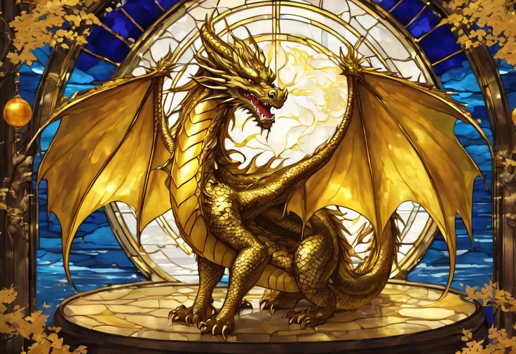  stained glass、golden dragon、Dragons are drawn,, Fantasy Art,  Golden Dragon, Dragon in the Background , Gold Theme, 黄Gold Theme, Amazing Wallpapers,  hero  、 powerful 、I held a gold ball