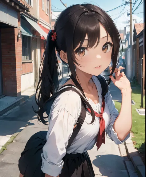 ( masterpiece、Highest quality、Highest quality、Official Art、 beautiful and beautiful :1.2)、(one girl:1.3)、twin tails,beautiful breasts,１People Women、( brown hair shortcut )、Smooth and beautiful brown hair、 reflective,  light brown eyes 、I&#39;ve gained a li...