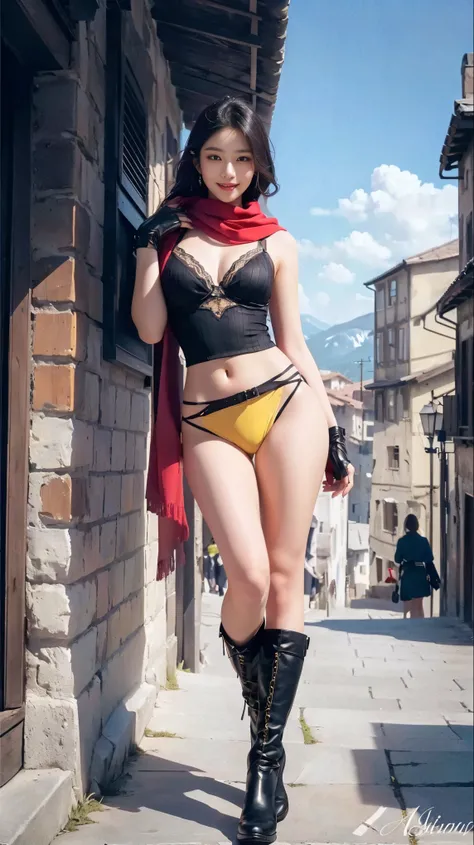 Beautiful Asian woman, black and yellow lingerie, red scarf, lean on a wall, in european mountain village