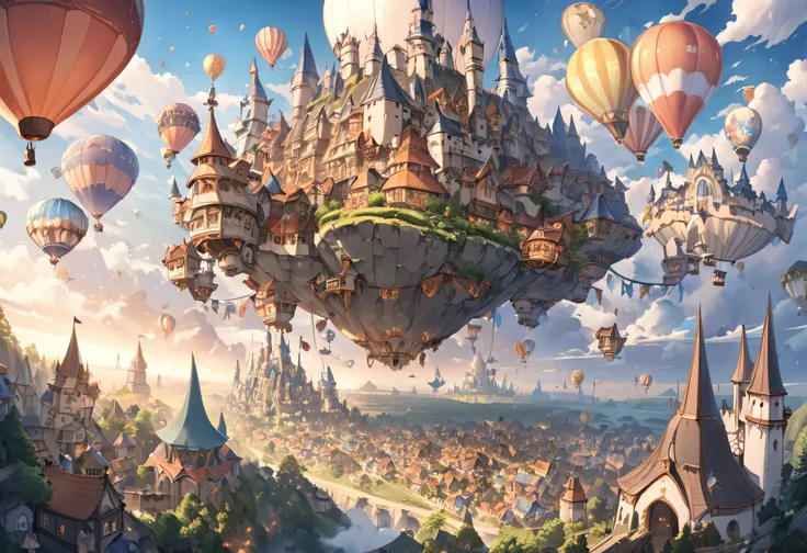 Picture of a castle surrounded by clouds and hot air balloons, Jacek Yerka Floating in the Sky  , cg society contest winner, Fantasy Art, Flying Cloud Castle, Fantasy Town, A bustling magical town,  fantasy very detailed, fantasy matte paint，cute, A beauti...