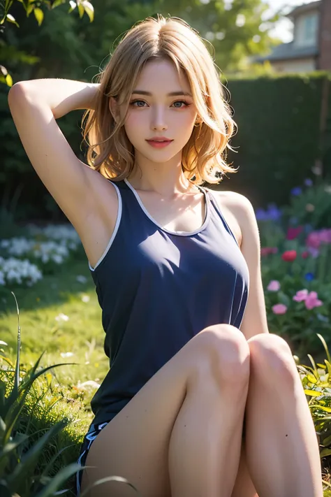 Blonde curly hair　sportswear　 armpits　String bite　　Sitting with Knees Up
