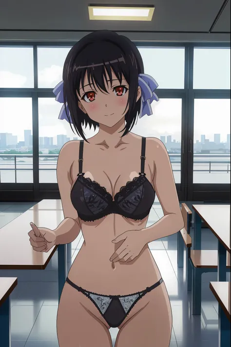 masterpiece, super fine illustration, best quality,[anime styled],[official art],Tomomi_saikyou,black hair,Short hair,blue Hair Ribbon,(red eyes),medium build,((classroom)),NSFW,1girl in,[cowboy shot:1.3],upper body,face focus,short torso,Perfect Lighting,...