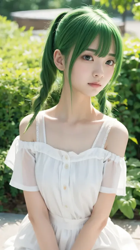 bob hair、short twin tails、 green hair、cute、kind、Healing、white shirt、 beautiful collarbone 、Japanese anime style illustration pouring in from the Moon、1 person、 Near Future Background 、( stare at the viewer、 shameful expression :1.4)、((slender body line))、B...