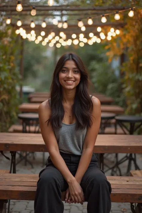 The image shows a young 22yr old indian woman sitting on a wooden bench in a garden-like setting. She is wearing a grey tank top and black pants. She has long dark hair and is smiling at the camera. The background is filled with greenery and hanging light ...