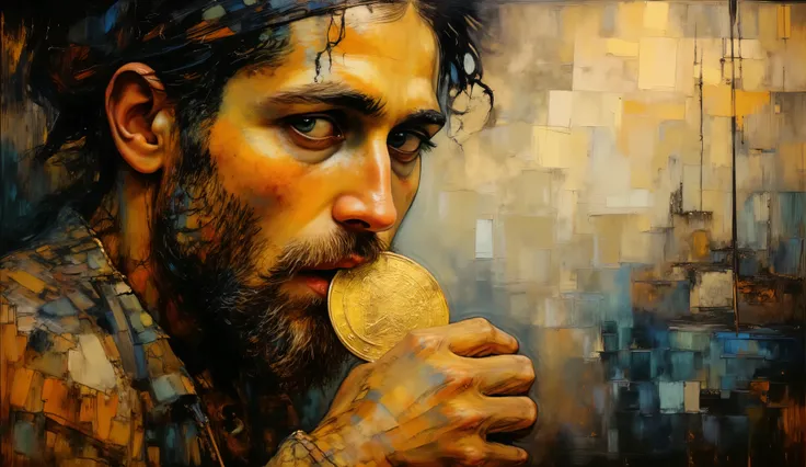 an oil painting of a weathered pirate biting a gold coin in close-up by Claude Monet, impressionistic brushstrokes capturing the tension in his face, golden-hour color temperature, dappled light accentuating the metallic sheen of the coin, atmospheric with...