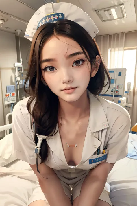 top-quality、Full limbs、complete fingers、1 beautiful woman,mole under eye、、sweat、Slender beauty、straight haired、Brown hair、((white Nurse uniform、very skinny))、cleavage、nurse hat、White pantyhose、(hospitals、Hospital Room、on Patient bed:1.5)、used condom、vulgar...