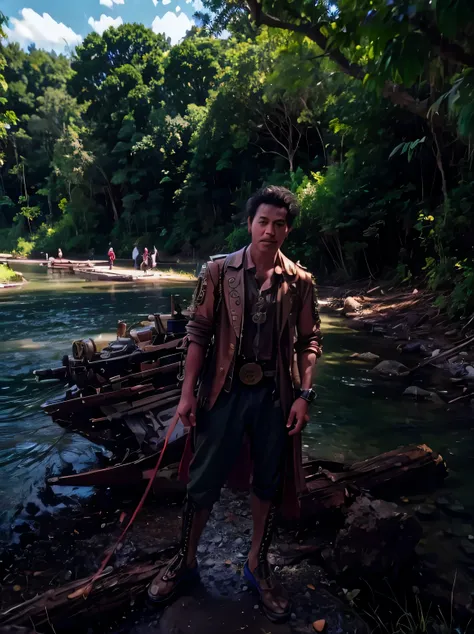 arafed man standing on a river bank with a snake in his hand, river in front of him, in a river in the jungle, standing in a shallow river, river in the background, standing next to water, near a river, help me, indigenous man, taken in the early 2020s, ph...