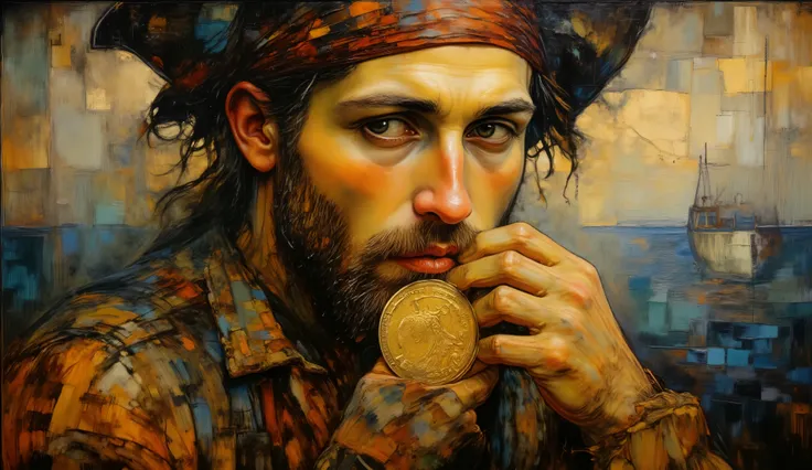an oil painting of a weathered pirate biting a gold coin in close-up by Claude Monet, impressionistic brushstrokes capturing the tension in his face, golden-hour color temperature, dappled light accentuating the metallic sheen of the coin, atmospheric with...