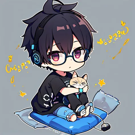 27-28 years old，male，wearing gold-framed blue-light glasses，with sports headphones，hairstyle is 37 differential broken cover，There is a kitten squatting on the right shoulder， wearing a black shirt ，, gentle and elegant， Draw on the Q version of the hair