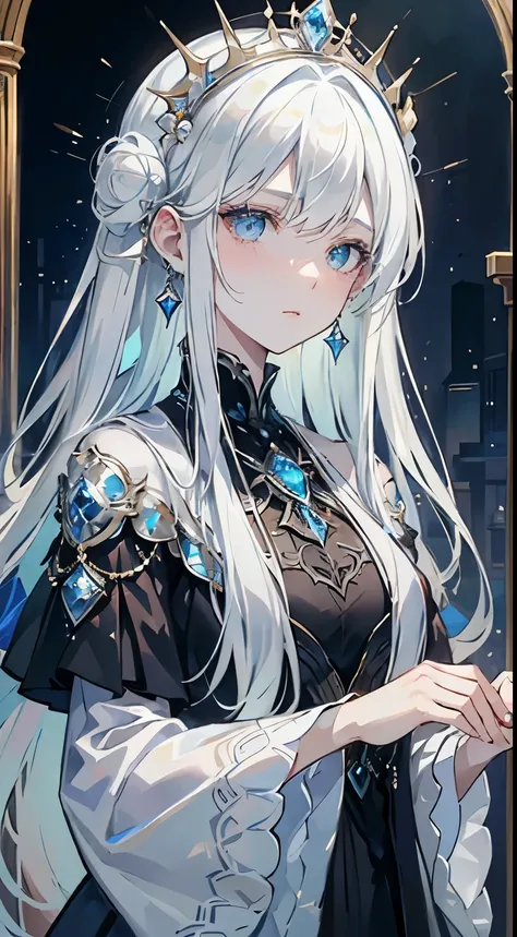 masutepiece, ighly detailed, Ultra-detailed, Cold, Alone, (1womanl), (pale skin), Icy Blue Eyes, Frosty white hair, young  woman, medium breasts, Goddess, cool kuudere woman, (science fiction), (Modern casual clothing), sleepy, lazy, Flat expression, (Dres...