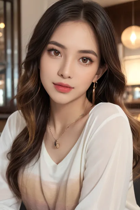 ((Masterpiece, high quality, super detailed, 4k, RAW Photo)), 1 girl, straight hair with layers, ((brown ombre hair)), Perfect face, thin face, ((lying silkworm eyes)), shinny skin, long sleeve t-shirt, in modern cafe, look at the camera, slim body, perfec...