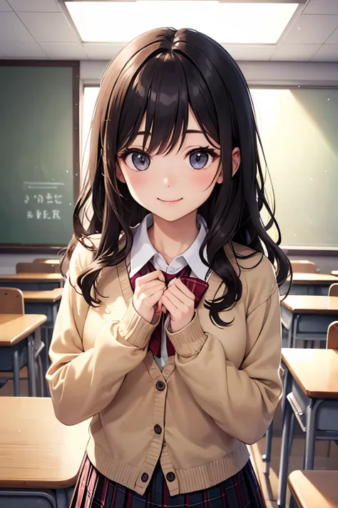 Highest quality、8k、 Hair、Chest-length hair、loosely wavy hair、smile、 school uniform、blouse、ribbons、oversized cardigan so long that you can't see your hands、plaid pleated skirt、classroom、Standing leaning against a desk、 Japanese