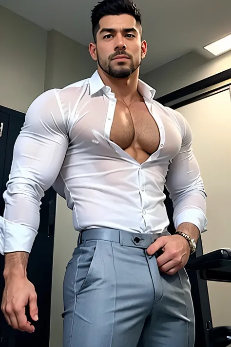 40-year-old boy Japanese muscular male in transparent white formal shirt......... short haired, bearded, wearing navy dark blue shiny trouser ...........gooning seductive expression.................... dripping on body and pants...................., archin...