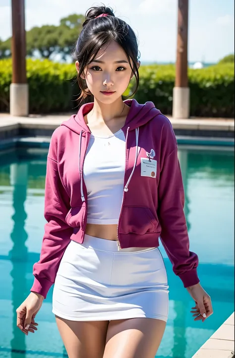   real pictures of pool competition 、Nami from One Piece、Best imyear quality、miniskirt、realistic、miniskirt、beautiful woman under hoodie、  beautiful thighs 、 beautiful face、実age、連邦軍制服miniskirt、ponytail、Yuriko Yoshitaka、 Japanese woman 、Zuo々hope:1.4、 pretty ...