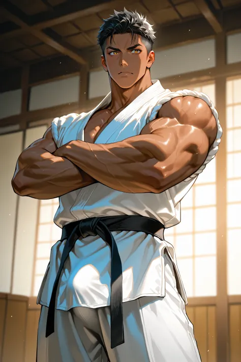 best high quality, black eyes Details, photo realistic, 1 Japanese young boy, abs, dark skin, black hair, (erecting hard penis bulge:1.5), white karate wear, in dojo,
