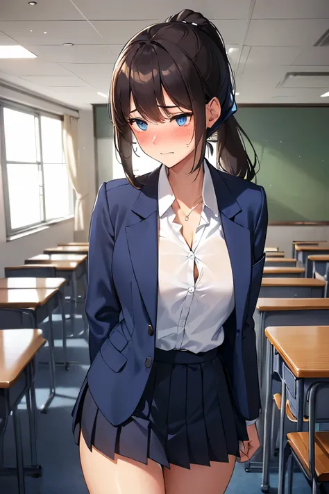 ((best quality)), ((masterpiece)), ((detailed)), (((perfect face))), (((slender 18yo girl standing in classroom))), ((((navy blue jacket, white button shirt)))), ((((dark blue pleated skirt)))), ((dark brown hair)), ((short ponytail)), (((blue eyes))), ((s...