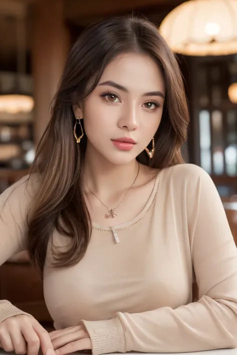 ((Masterpiece, high quality, super detailed, 4k, RAW Photo)), 1 girl, straight hair with layers, ((brown ombre hair)), Perfect face, thin face, ((lying silkworm eyes)), shinny skin, long sleeve t-shirt, in modern restaurant, look at the camera, slim body, ...