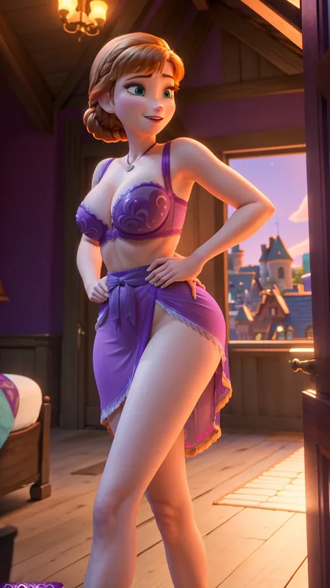 Anna, frozen movie, as a milf posing sexy in bra and purple thong with her hands behind her back, castle room behind, small waist, long legs, big breast