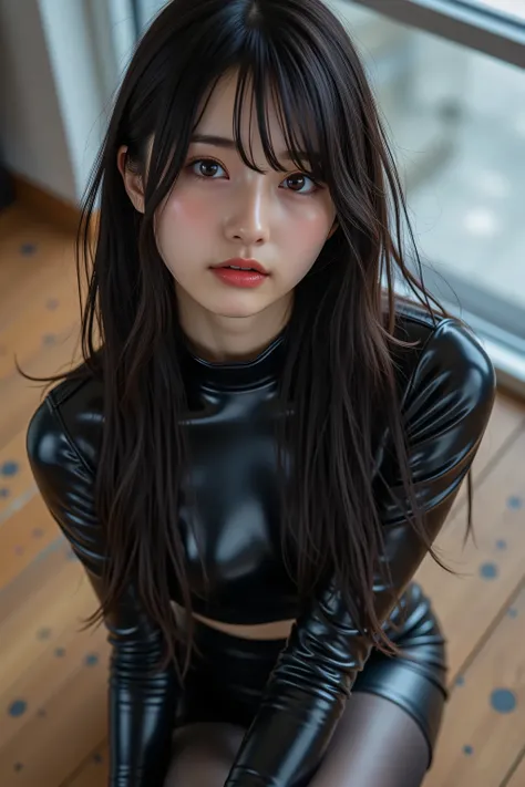 high quality , This photo shows、 showing a Japanese woman with long hair 。, black straight hair , beautiful Japanese girl, tight , thin black shiny pantyhose , black latex bodysuit, I'm going to take my butt off while showing the crop type of . L...