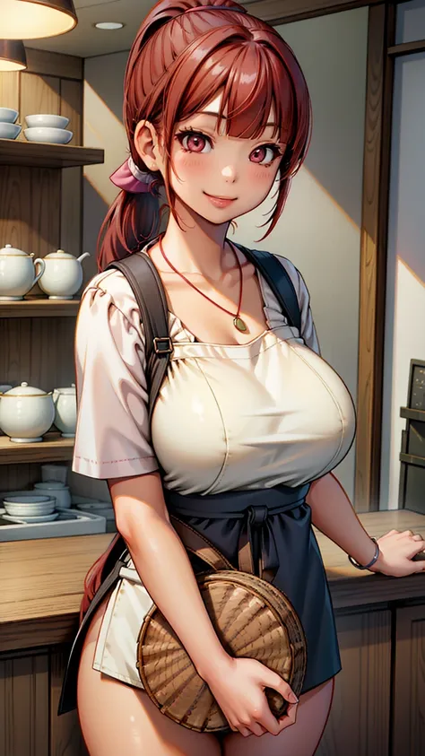 1girl, masterpiece, red hair, asian, blunt bangs, long hair, ponytail, huge breasts, white shirt, apron, pants, necklaces, waitress,  shop, thick thighs, light smile, pink eyes, bookbag, hair ribbon, old lady,