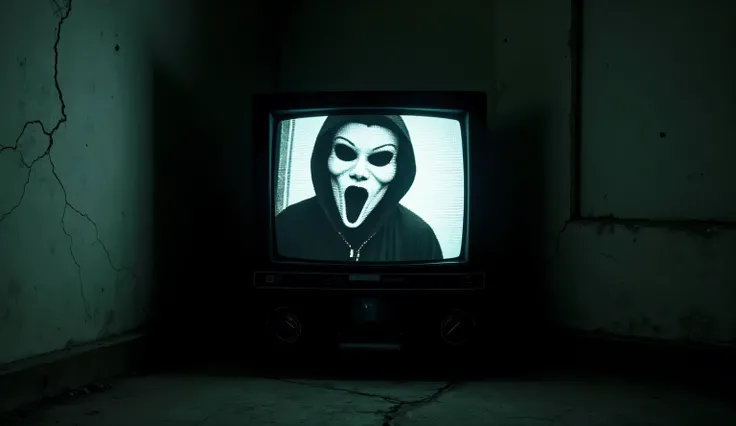 "A glitchy, old CRT television in a dark, abandoned room, playing a strange black-and-white video of a masked figure whispering numbers. The figure’s eyes are hollow and empty, and the video has heavy static interference. The room is filled with eerie shad...