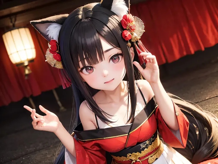    Cute Japanese doll close-up   ,   Bright Red Black Robe  ,   .    Carefully Designed   ,    shows every line of her red kimono in anime-style 3D design ,    Even in 8K HD    , Close Up of Cute Japanese Doll in 3D Rendered,     shows off the finest Japan...